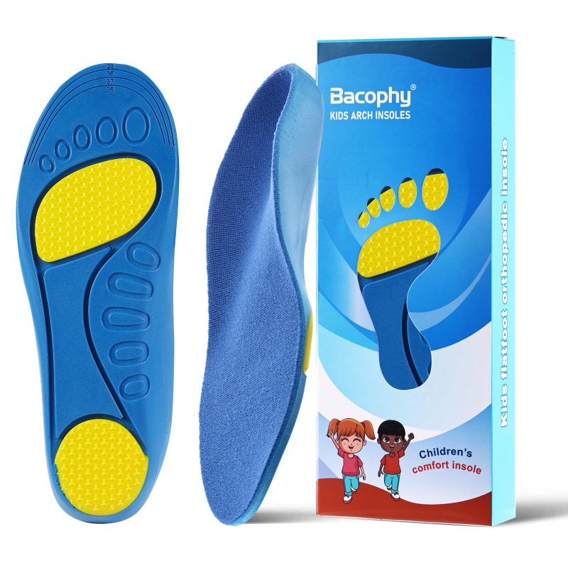 Bacophy Kids Orthotic Arch Support Shoe Insoles, Deep Heel Cup, Shock Absorption, Blue - Image 1
